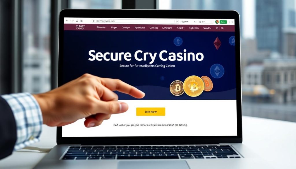 A high-resolution photograph of a security-focused Bitcoin casino homepage displayed on a laptop screen. The screen shows a clean, modern layout with a prominent "Secure Crypto Casino" logo. In the foreground, a hand hovers over the "Join Now" button, conveying a sense of carefully considering the choice. The mid-ground features meticulously detailed graphics depicting various cryptocurrencies, including Bitcoin, Ethereum, and Litecoin. The background has a soft, blurred cityscape visible through a window, suggesting an urban, professional setting. The overall mood is one of thoughtfulness, trust, and the responsible use of digital assets for online gaming. A high-resolution photograph of a security-focused Bitcoin casino homepage displayed on a laptop screen. The screen shows a clean, modern layout with a prominent "Secure Crypto Casino" logo. In the foreground, a hand hovers over the "Join Now" button, conveying a sense of carefully considering the choice. The mid-ground features meticulously detailed graphics depicting various cryptocurrencies, including Bitcoin, Ethereum, and Litecoin. The background has a soft, blurred cityscape visible through a window, suggesting an urban, professional setting. The overall mood is one of thoughtfulness, trust, and the responsible use of digital assets for online gaming.