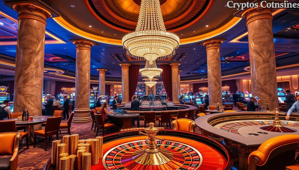 A luxurious crypto casino interior bathed in warm, gilded lighting. In the foreground, an ornate roulette table with stacks of shimmering cryptocurrency tokens and gambling chips. Surrounding it, plush leather chairs and a curved bar stocked with premium liquors. The middle ground features a massive crystal chandelier hanging overhead, casting a radiant glow across the scene. In the background, towering marble columns and velvet curtains frame a panoramic view of the bustling casino floor, filled with the energy of high-stakes gaming. An atmosphere of opulence, excitement, and the promise of big winnings.