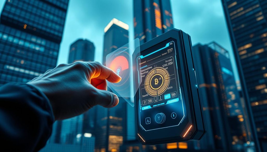 A secure digital wallet system against crypto theft, with a sleek titanium casing and biometric lock. In the foreground, a futuristic hand scanner glows with cyberpunk luminescence. In the middle ground, a holographic display showcases encrypted transaction details. The background depicts a cityscape of towering skyscrapers, their windows reflecting the wallet's technological prowess. Lighting is cool and clinical, capturing the high-tech, impenetrable nature of this secure storage solution. Angles are tight and close-up, emphasizing the wallet's compact design and advanced security features.