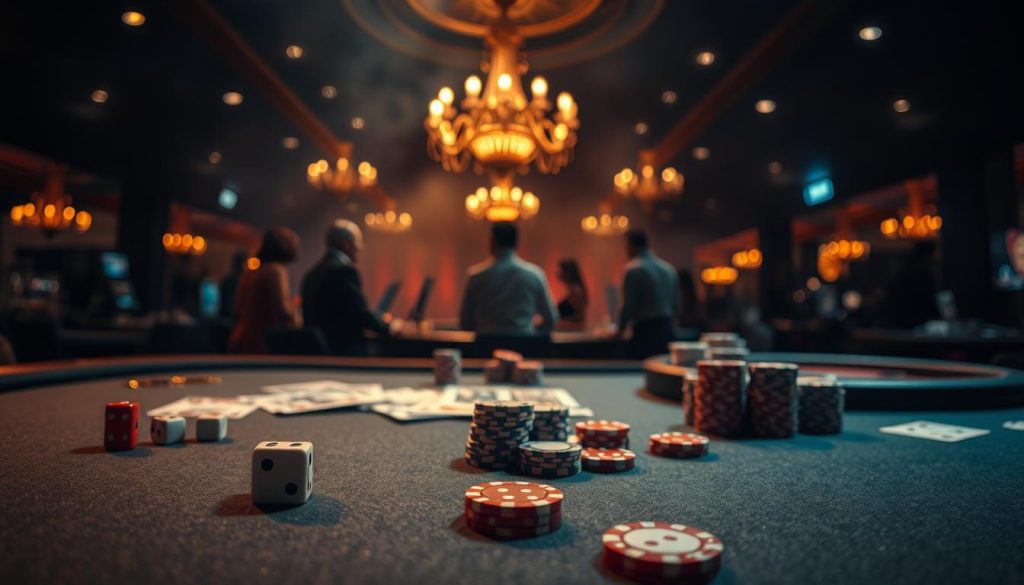 A dimly lit casino interior, with a focus on a collection of table games laid out on a felt-covered surface. In the foreground, dice, playing cards, and poker chips are meticulously arranged, their surfaces reflecting the warm glow of subtle overhead lighting. In the middle ground, the silhouettes of casino patrons can be seen, their faces obscured, as they gather around the gaming tables. In the background, a hazy, atmospheric setting evokes a sense of mystery and anticipation, with hints of elaborate chandeliers and plush furnishings visible through the dim lighting. The overall mood is one of excitement and intrigue, capturing the essence of a provably fair casino experience.