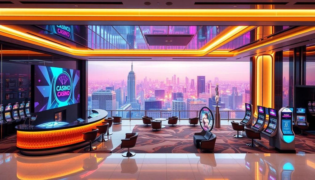 A sleek, modern casino lobby with a futuristic crypto-themed ambiance. In the foreground, a curved counter with holographic displays showcasing the latest crypto casino games. Behind it, a wall-sized digital screen displaying the casino's logo and branding. The middle ground features stylish seating areas and interactive kiosks where players can explore the casino's offerings. In the background, a panoramic view of a bustling city skyline, bathed in a neon glow. Bright, dynamic lighting creates an immersive, high-tech atmosphere. The overall scene conveys a sense of innovation, excitement, and the future of online gambling in the crypto era. A sleek, modern casino lobby with a futuristic crypto-themed ambiance. In the foreground, a curved counter with holographic displays showcasing the latest crypto casino games. Behind it, a wall-sized digital screen displaying the casino's logo and branding. The middle ground features stylish seating areas and interactive kiosks where players can explore the casino's offerings. In the background, a panoramic view of a bustling city skyline, bathed in a neon glow. Bright, dynamic lighting creates an immersive, high-tech atmosphere. The overall scene conveys a sense of innovation, excitement, and the future of online gambling in the crypto era.