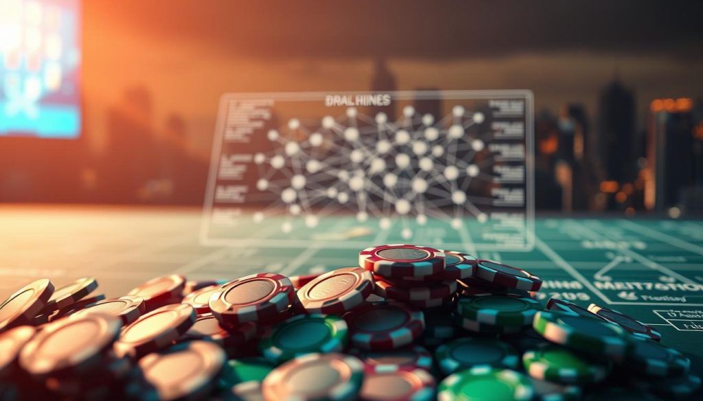 A virtual ledger showcasing the limitations of provably fair systems, illuminated by a soft, diffused light. In the foreground, a stack of digital casino chips representing the allure of crypto gambling. In the middle ground, a network diagram depicting the complex infrastructure underlying provably fair protocols. In the background, a dimly lit cityscape symbolizing the broader challenges of transparency and trust in the digital realm. The scene conveys a sense of both promise and constraint, hinting at the nuances of provably fair systems in the ever-evolving world of online gambling.